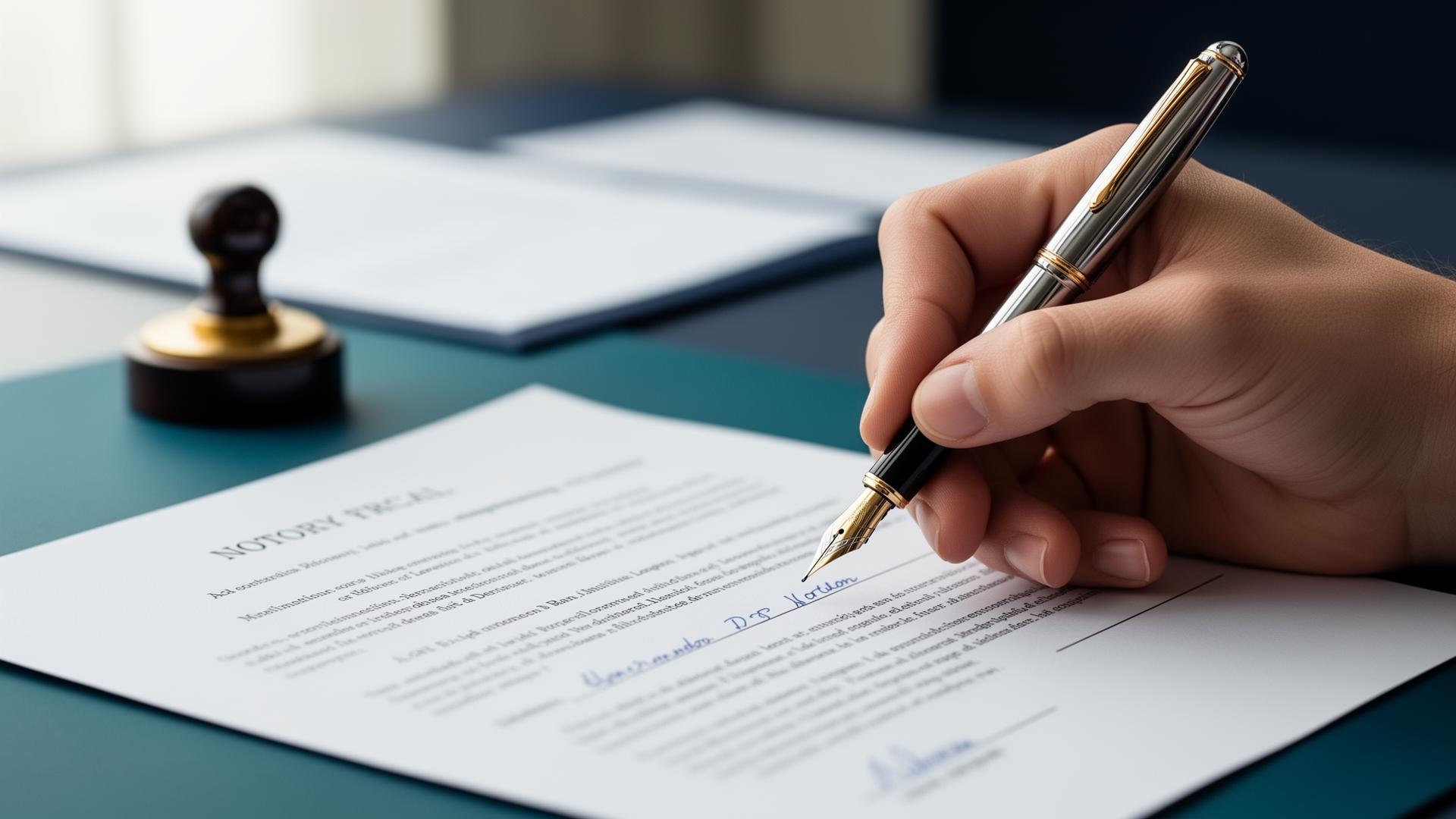 Hand signing legal document with fountain pen