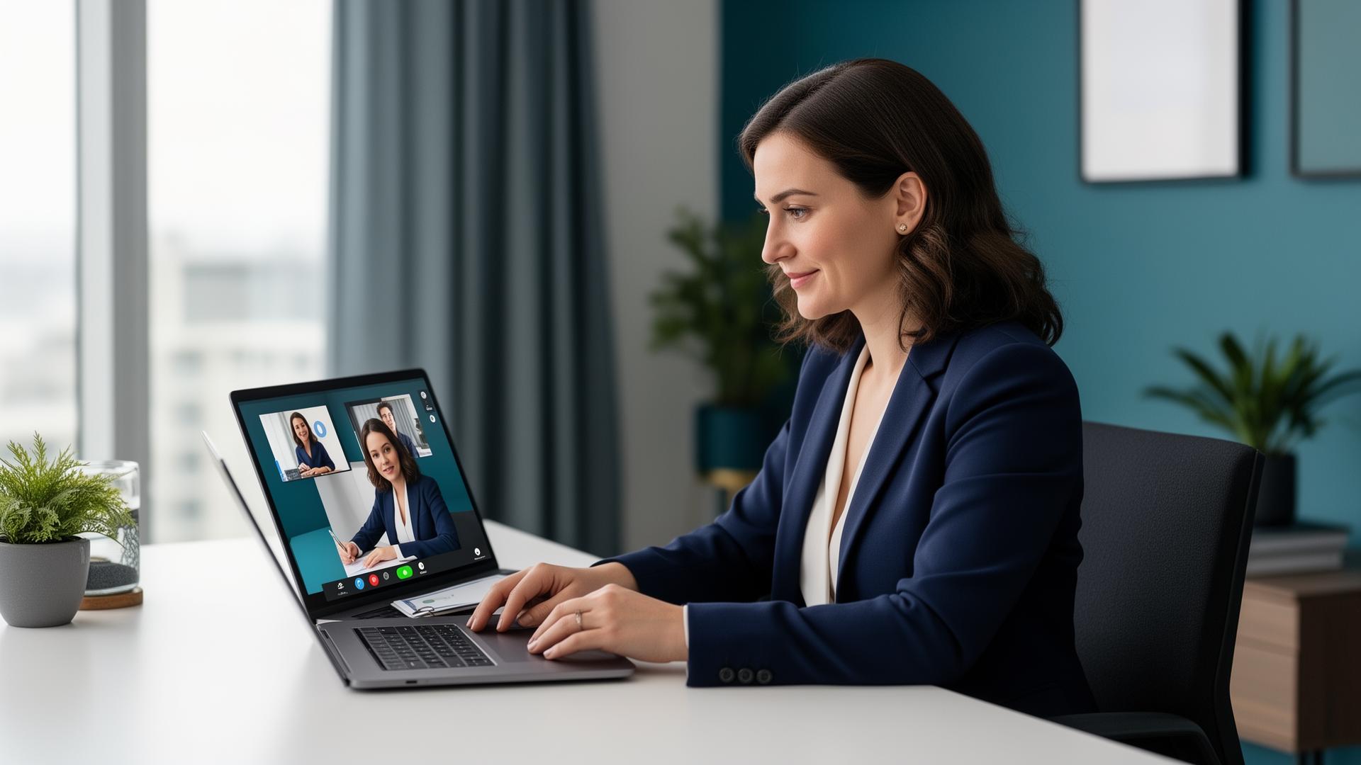 Professional conducting remote online notarization on laptop